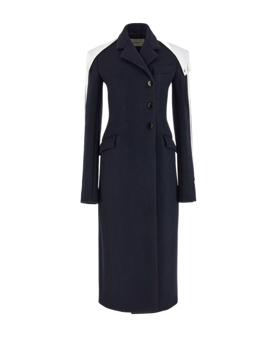 Ferragamo Long Blue Coat With Contrasting Detachable Hood In Wool Woman In Black