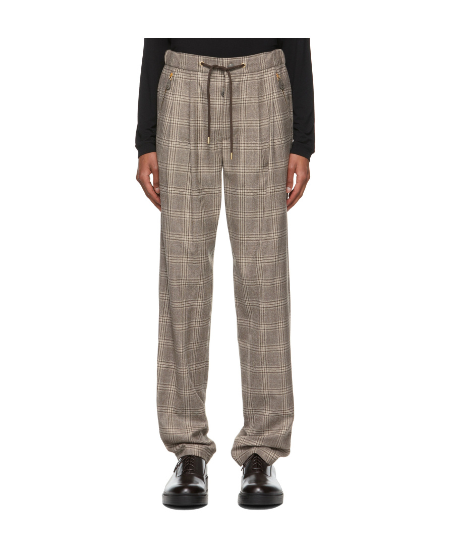 Giorgio Armani Brown Wool Micro Houndstooth Motif Pants In Green