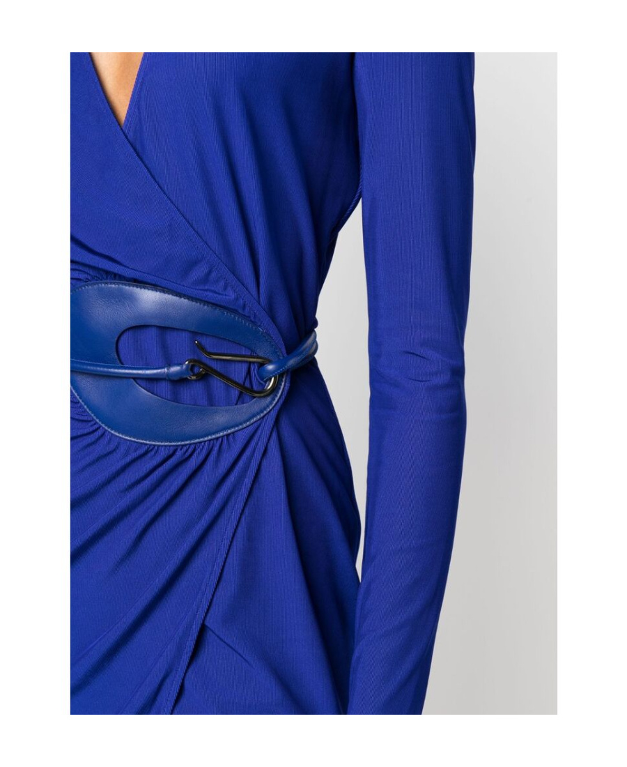 Tom Ford Plunging Leather-trim Microcosta Jersey Wrap Mini Dress In Blue