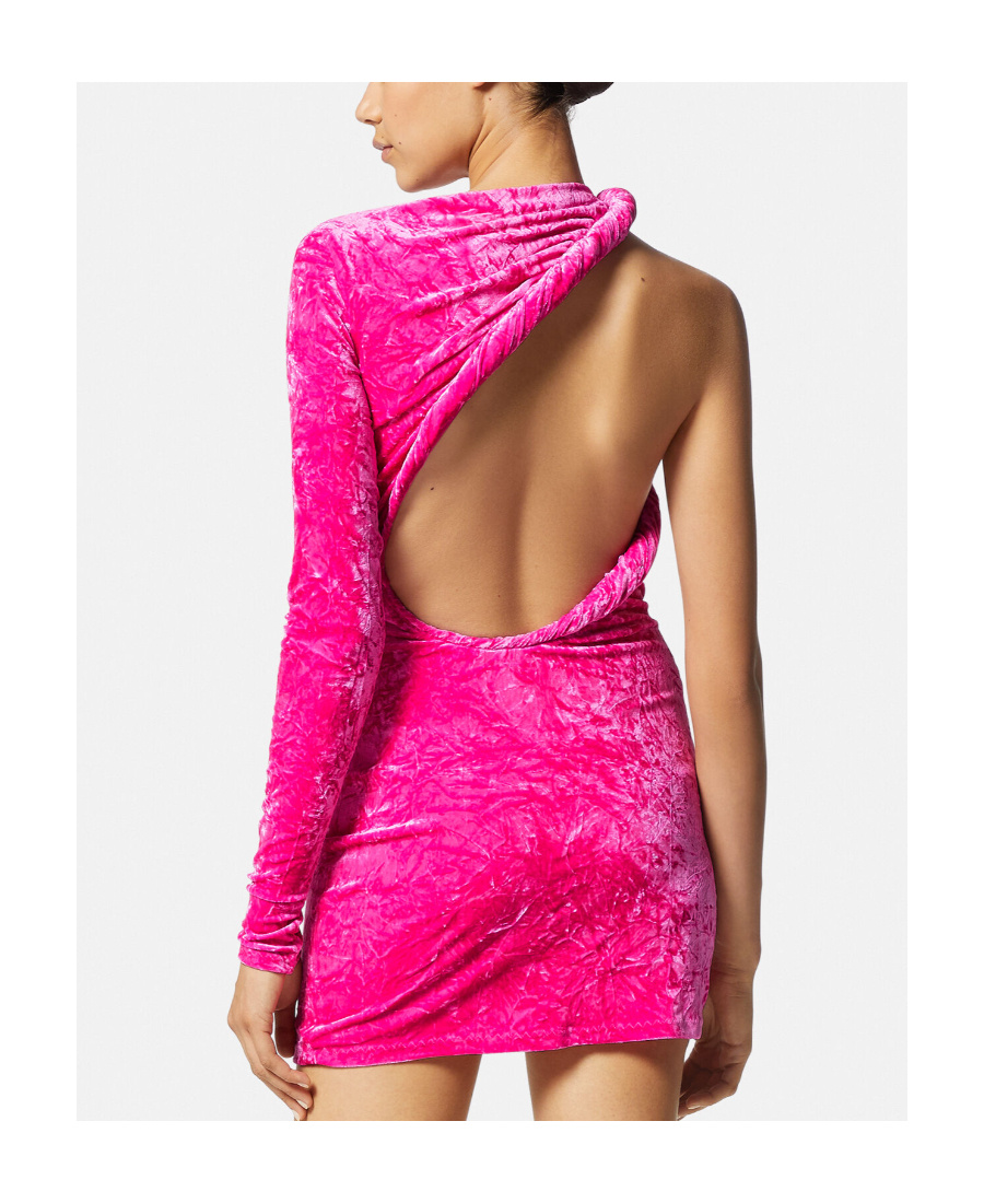 Versace Fuchsia One-shoulder Mini Dress With Greca Detail And Cut-out At The Back In Crushed Velvet Woman In Pink