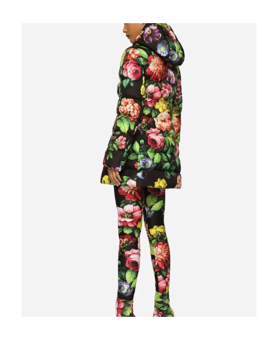 Dolce & Gabbana Floral-print Zip-up Padded Coat In Black