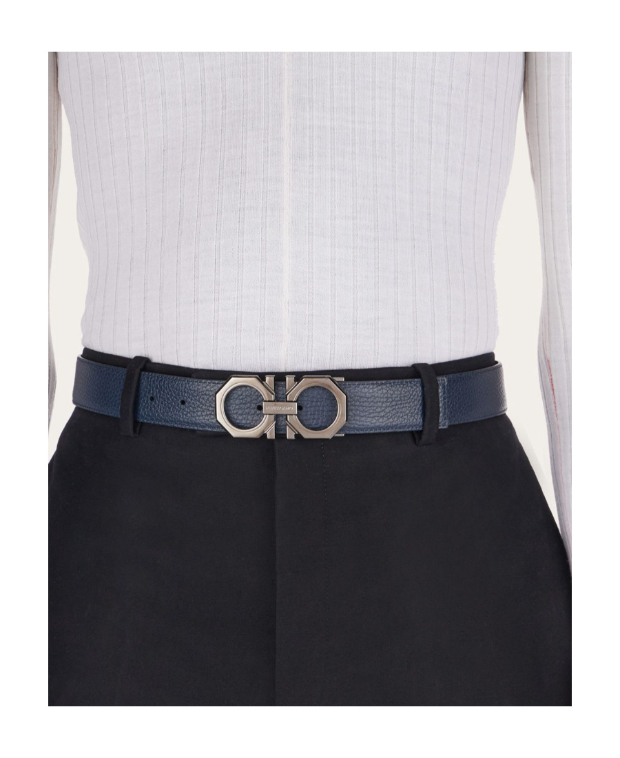 Ferragamo Salvatore Man's Bicolor Leather Belt With Logo Buckle In Black