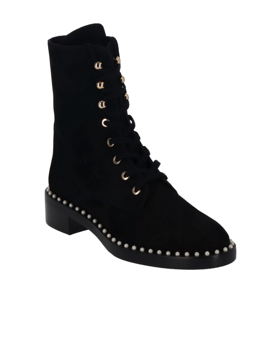 Stuart Weitzman Sondra Pearled Combat Lace Boots In Black