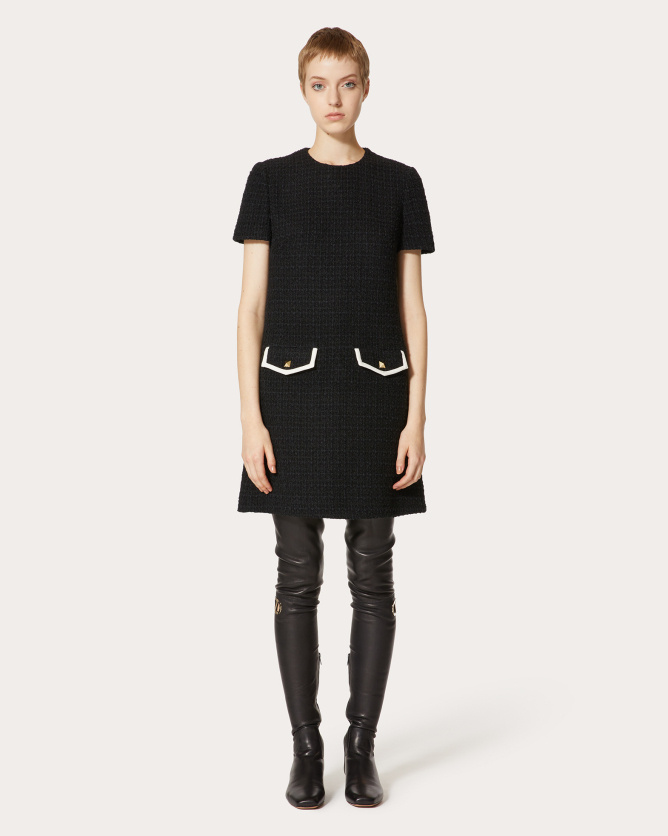 Valentino Embellished Piped Wool And Silk-blend Knitted Dress In Black
