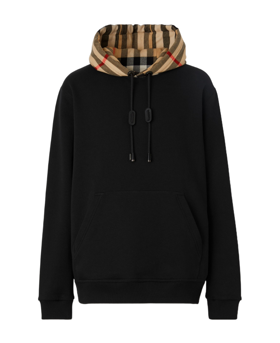 Shop Burberry Check-hood Cotton Hoodie In Black