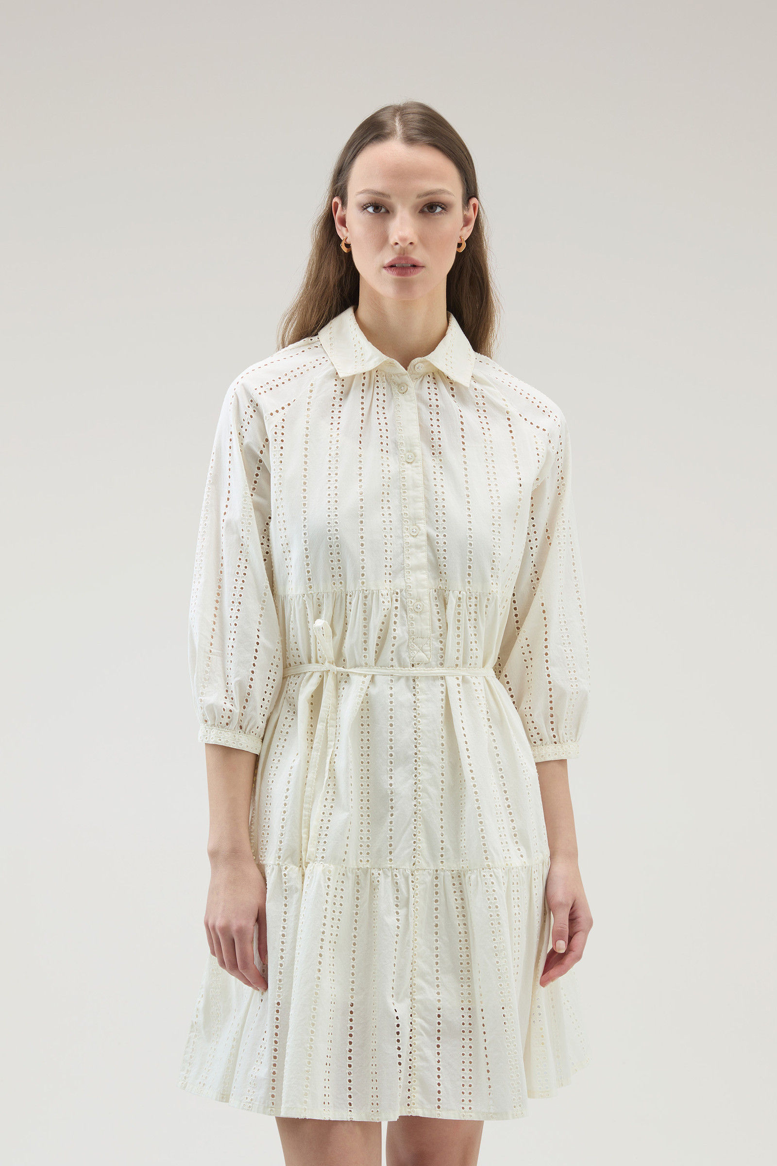 Woolrich Tiered Skirt Cotton Shirt Dress With Puff Sleeves In Nude