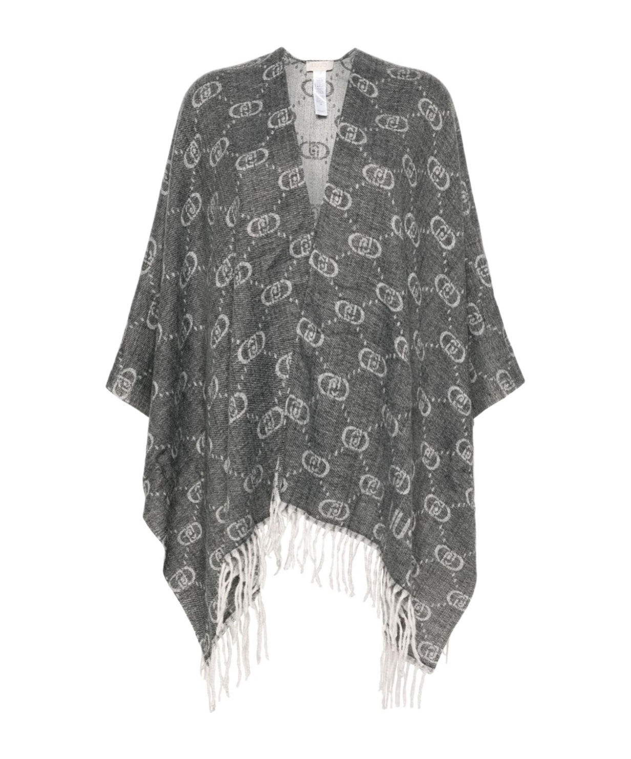 Liu •jo Logo-jacquard Fringed Poncho In Gray