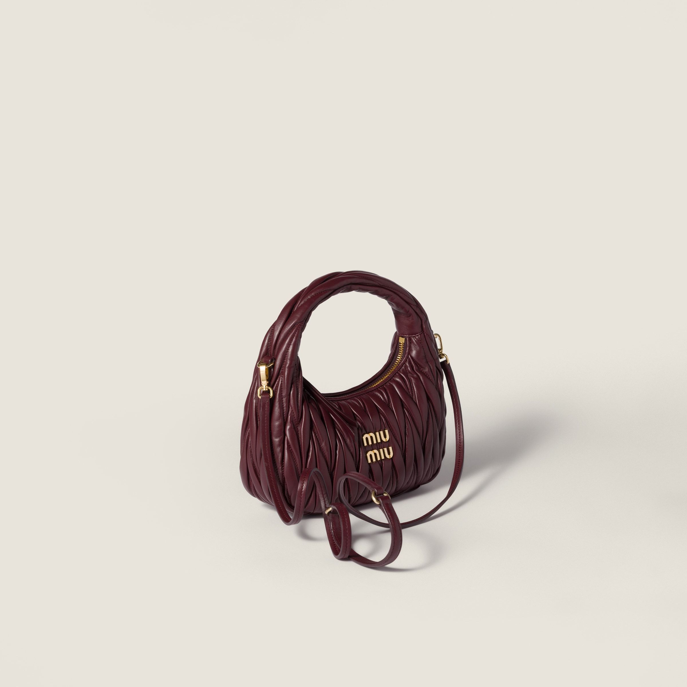 Miu Miu Wander Matelassé Nappa Leather Hobo Bag In Burgundy