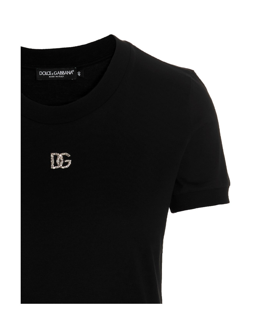 Dolce & Gabbana Black T-shirt With Logo Decorated With Crystals On The Front In Cotton Woman In Black