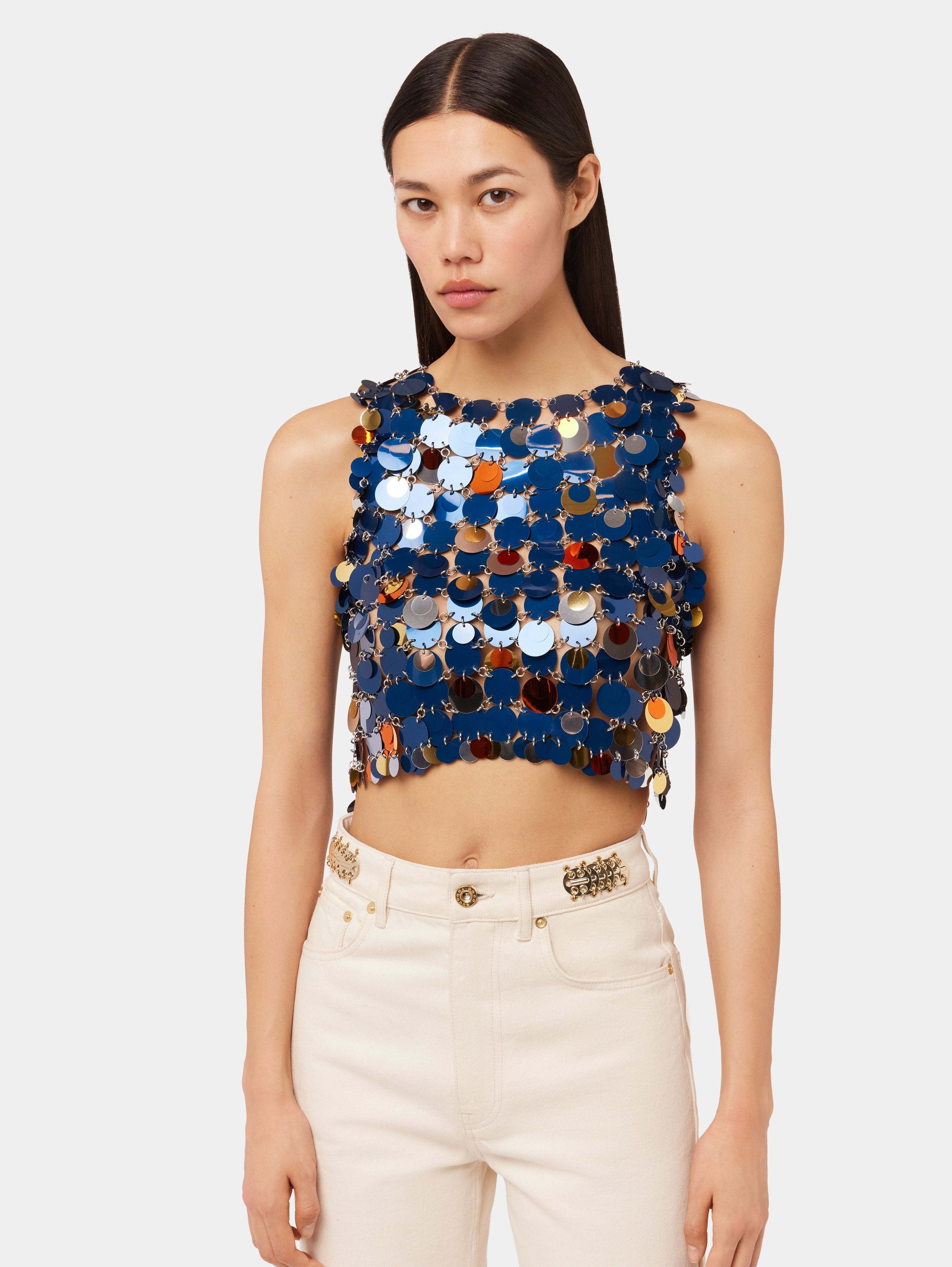 Rabanne Sequin Chain Link Sleeveless Top In Blue
