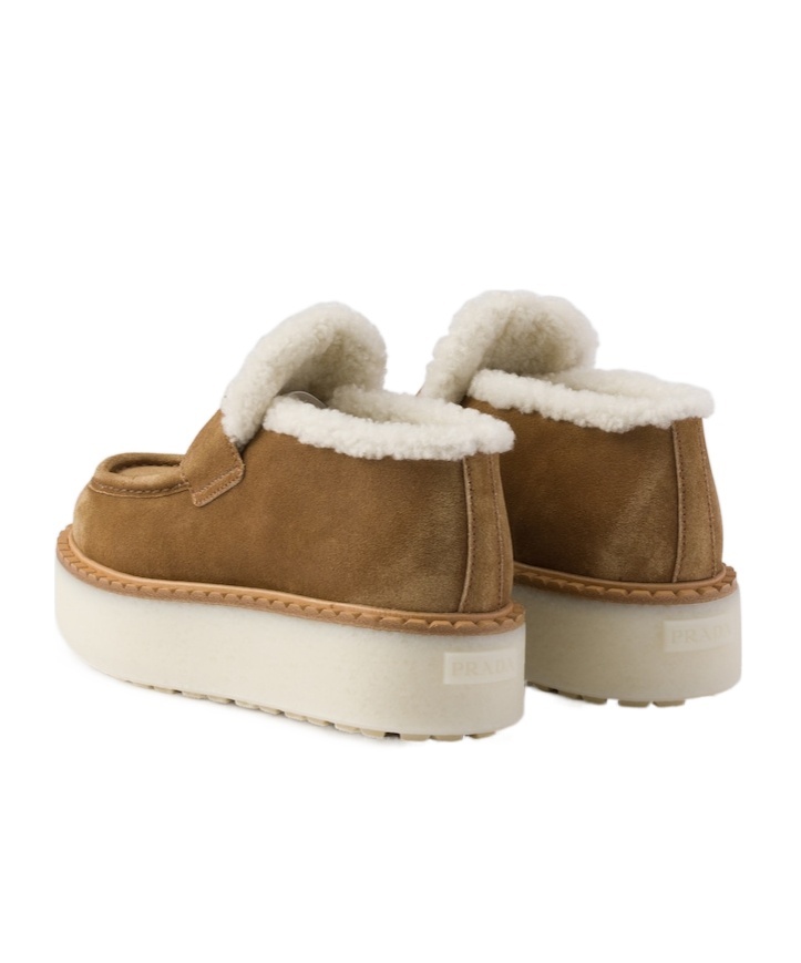 Prada Suede Shearling Flatform Loafers In Cinnamon