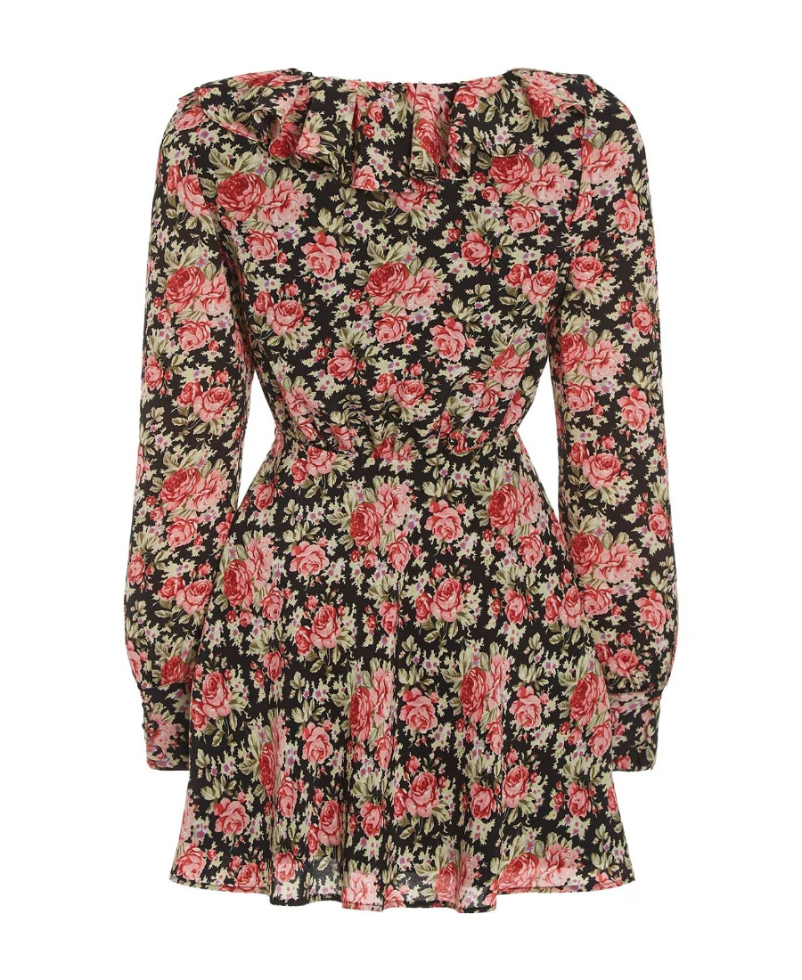 Alessandra Rich Rose Print Mini Silk Dress In Multicolor