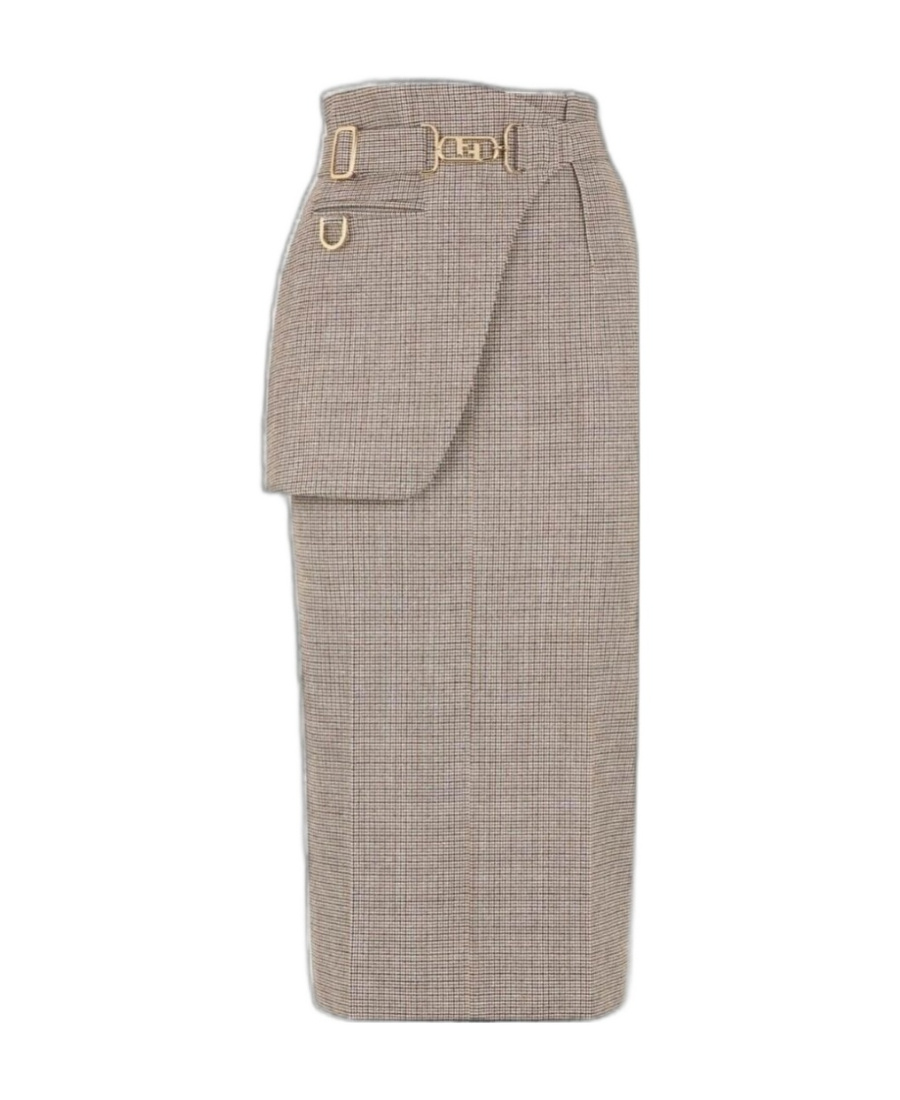 Shop Fendi Beige Houndstooth Wool Skirt In Nude