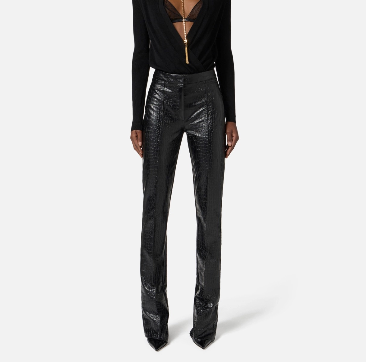 Elisabetta Franchi High Waisted Flared Trousers With Crocodile Effect In Black