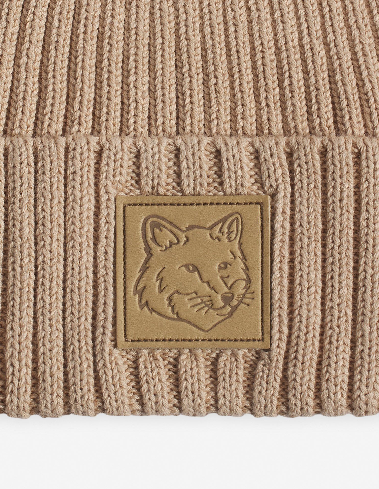 Maison Kitsuné Bold Fox Head Leather Patch Beanie In Nude
