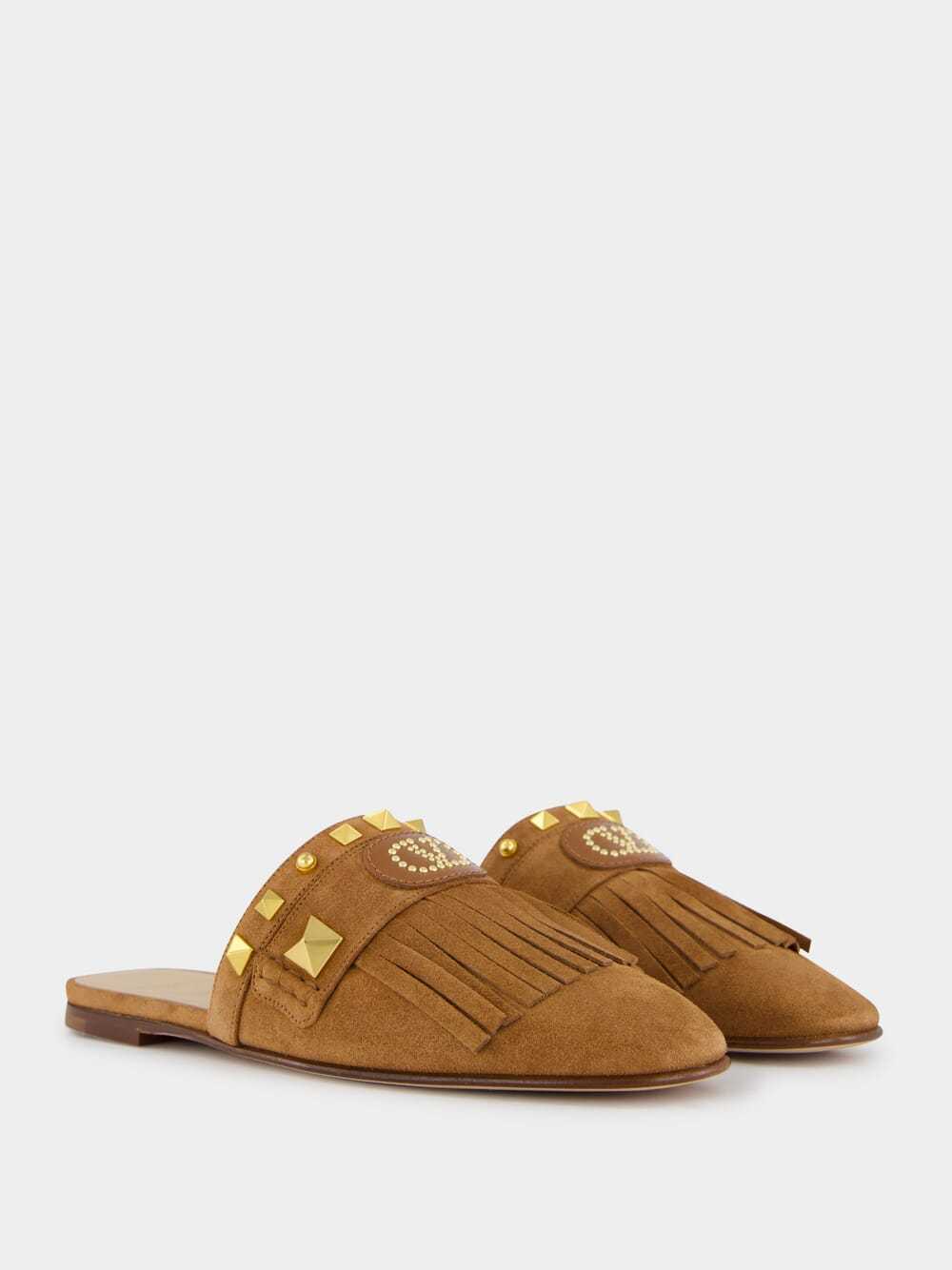 Valentino Plaster Caster Fringed Slide Mules In Brown