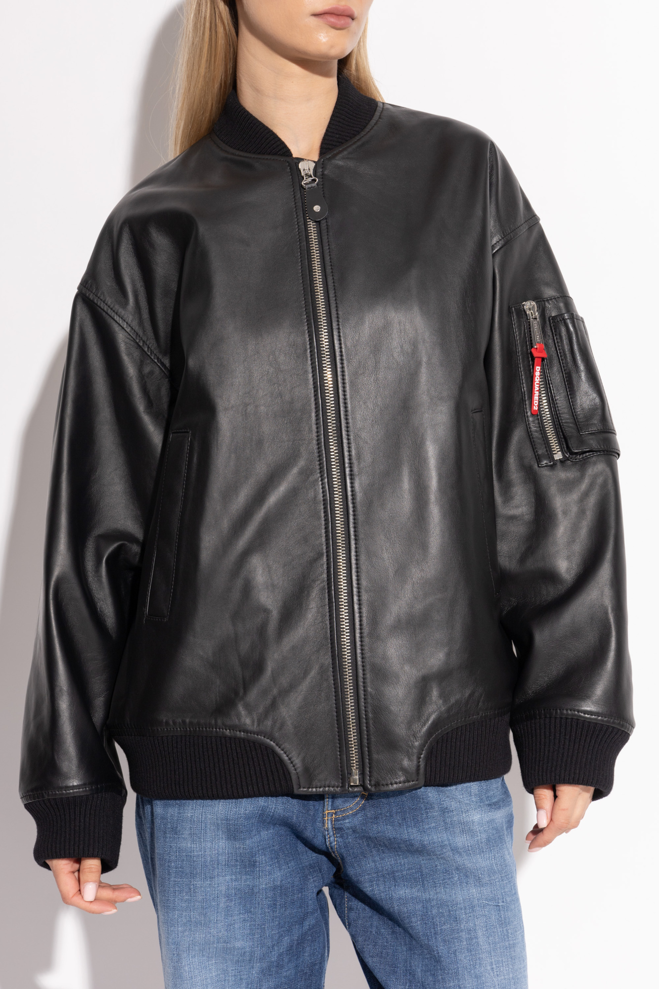 Dsquared2 Oversized Leather Bomber Jacket In Black