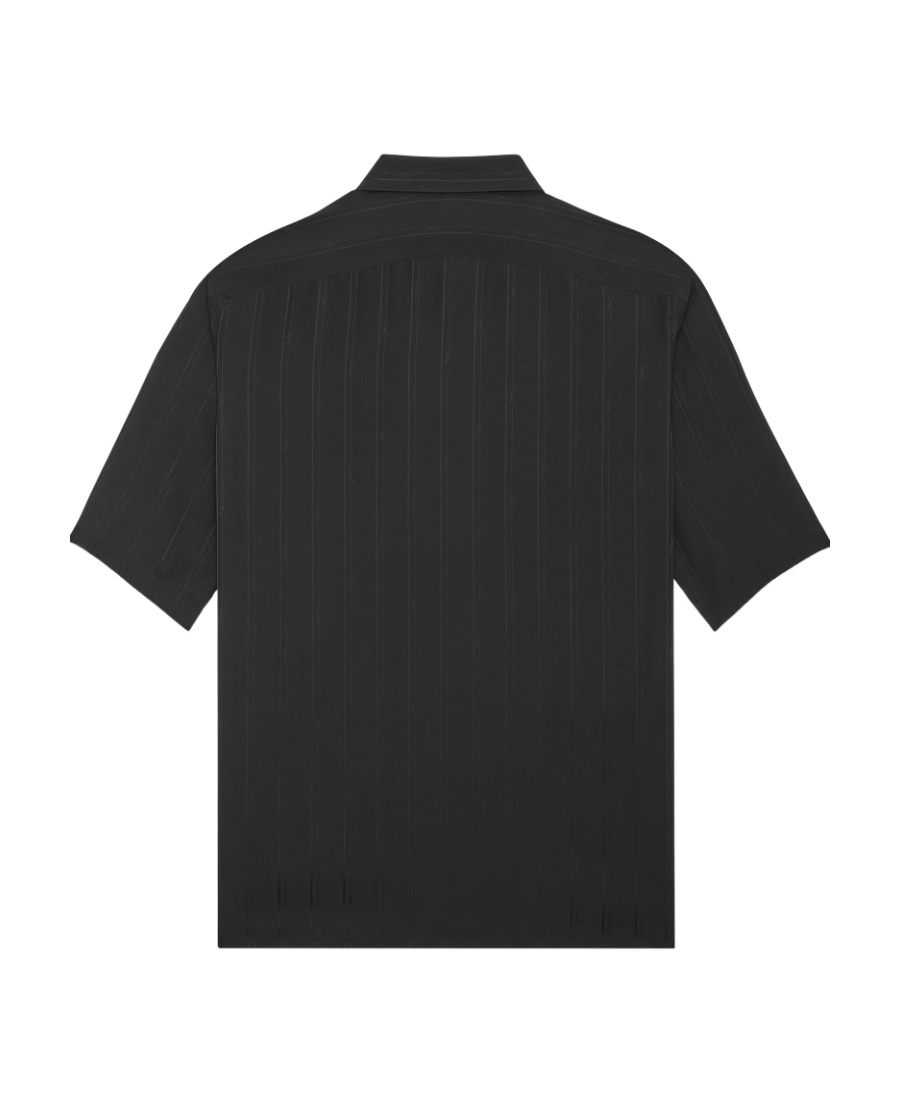 Saint Laurent Tonal Stripe Short Sleeve Silk Button-up Shirt In Black