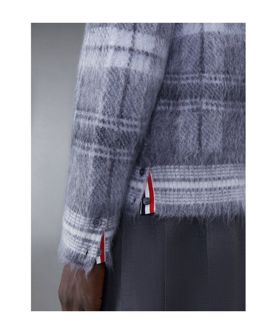 Shop Thom Browne Textured Tartan Pattern Cardigan In Blue