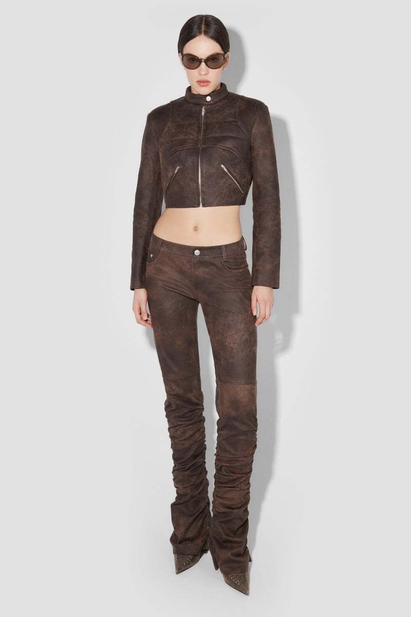 Misbhv Cracked Cropped Faux-leather Jacket In Brown