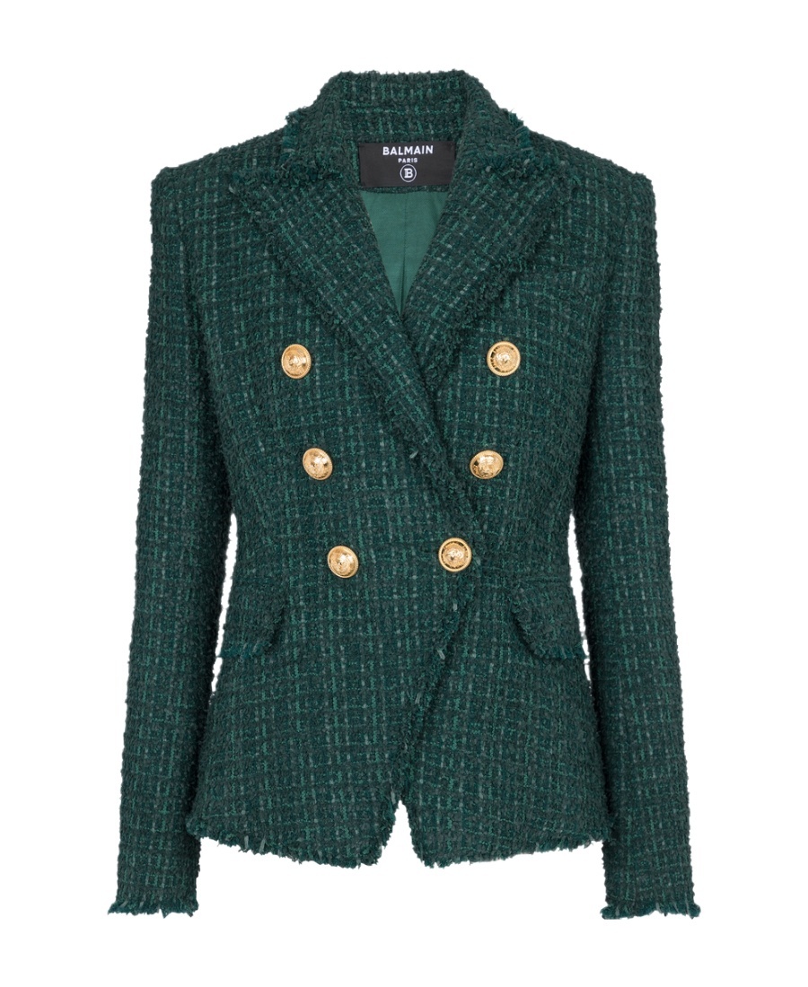 Balmain Tweed Double-breasted Blazer Jacket In Green