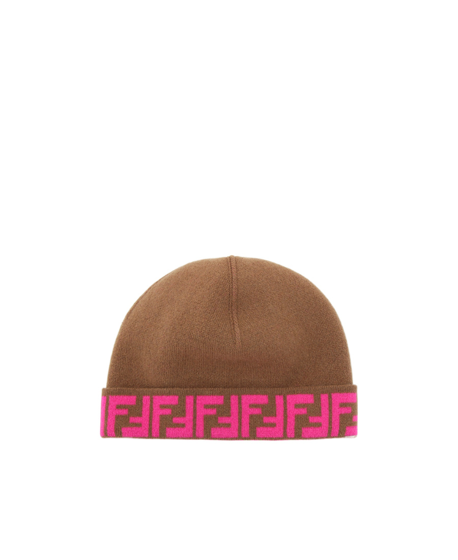Fendi Girls Ff Logo Reversible Beanie In Brown