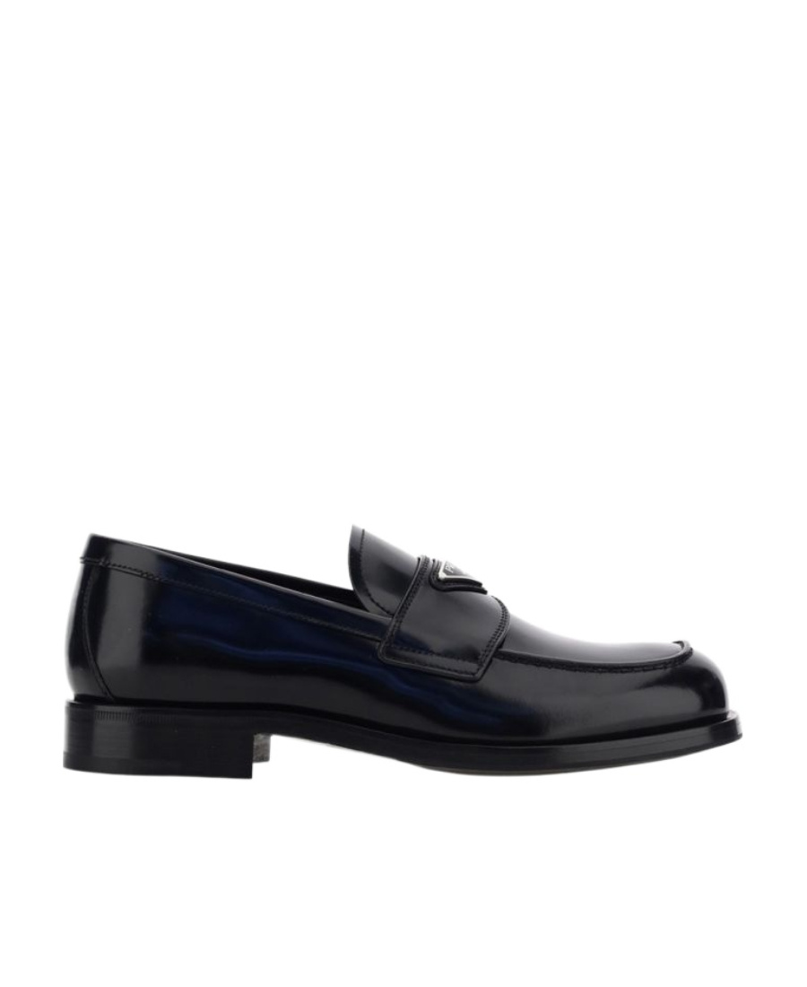 Prada Classic Round Toe Leather Loafers With Low Block Heel In Black