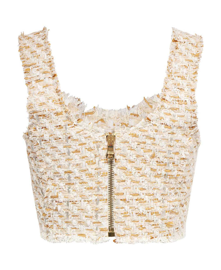 Balmain Button-embellished Tweed Cropped Top In Nude