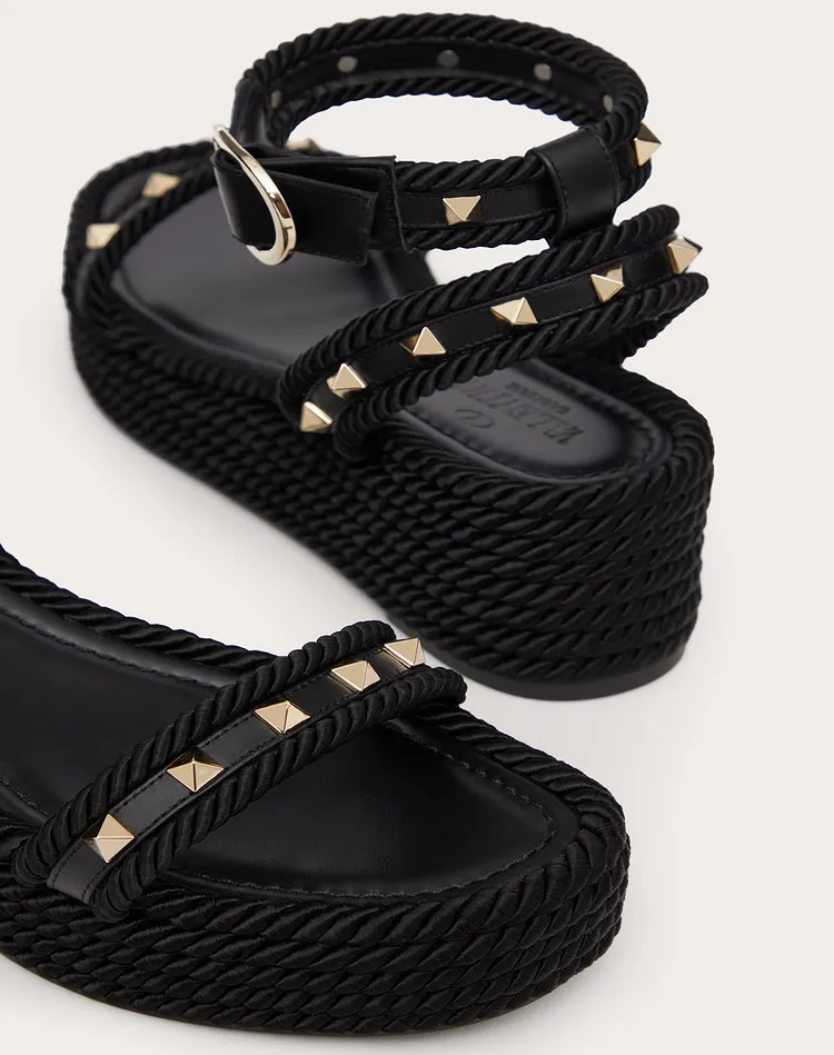 Valentino Rockstud Torchon 60 Leather And Silk Rope Platform Espadrilles In Black