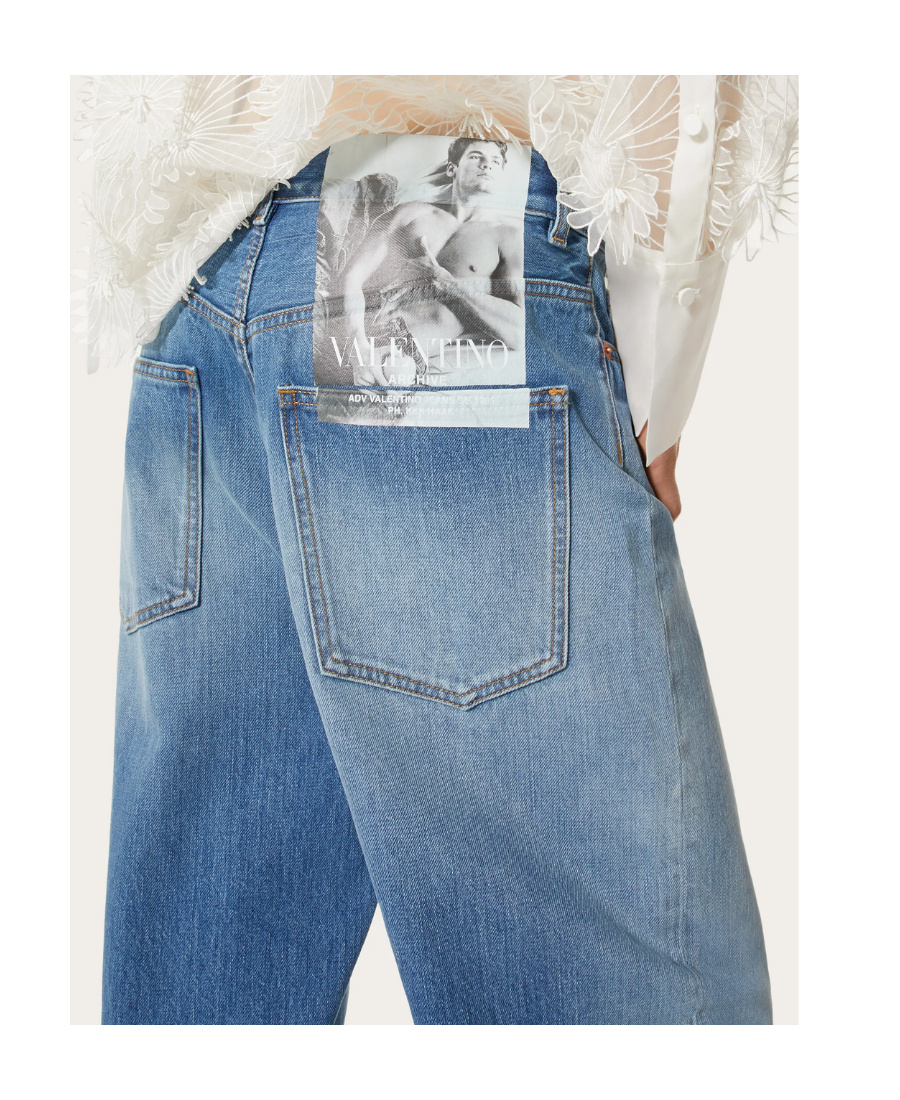 Valentino Light Blue Denim Trousers With V Gold Detail In Blue