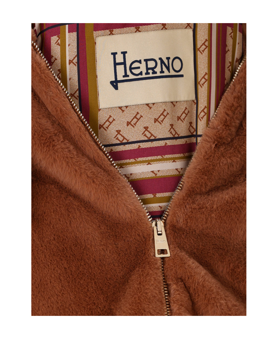 Herno Dark Brown Faux Fur Bomber Jacket With Custom Drawstring Hood In Brown