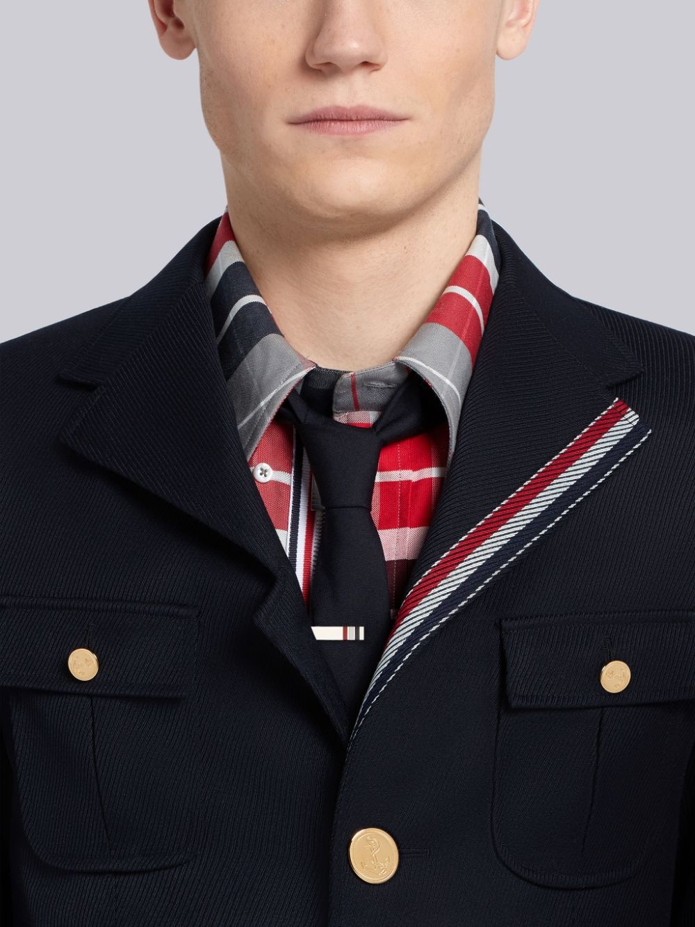 Thom Browne Navy Blue Lapel Coat In Black
