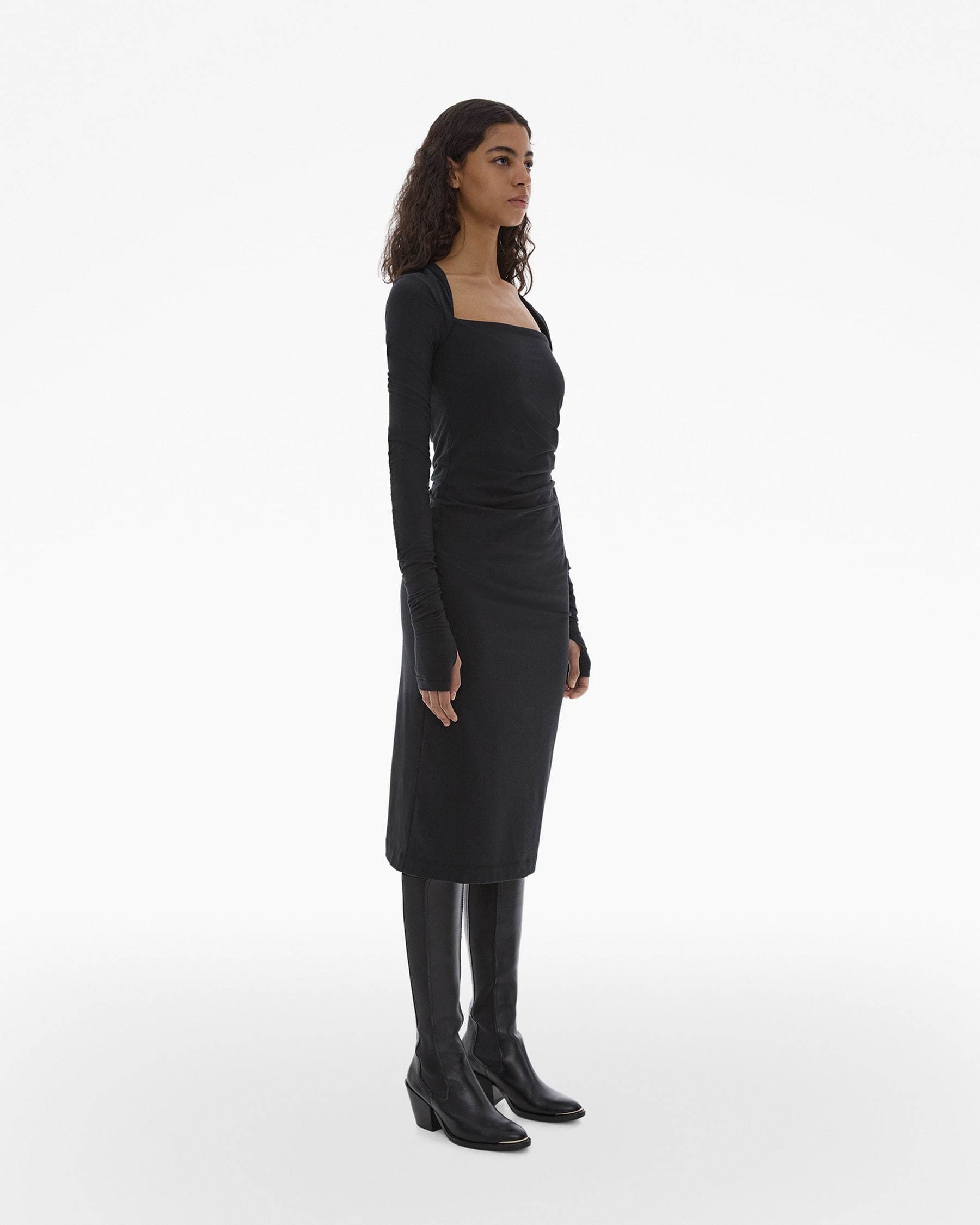 Helmut Lang Shrung Gathered Midi Dress In Black