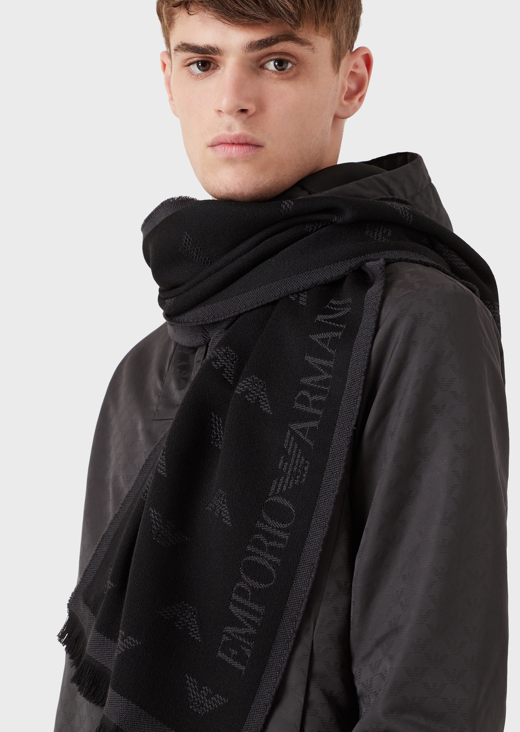 Emporio Armani Logo Embroidered Knit Scarf In Black