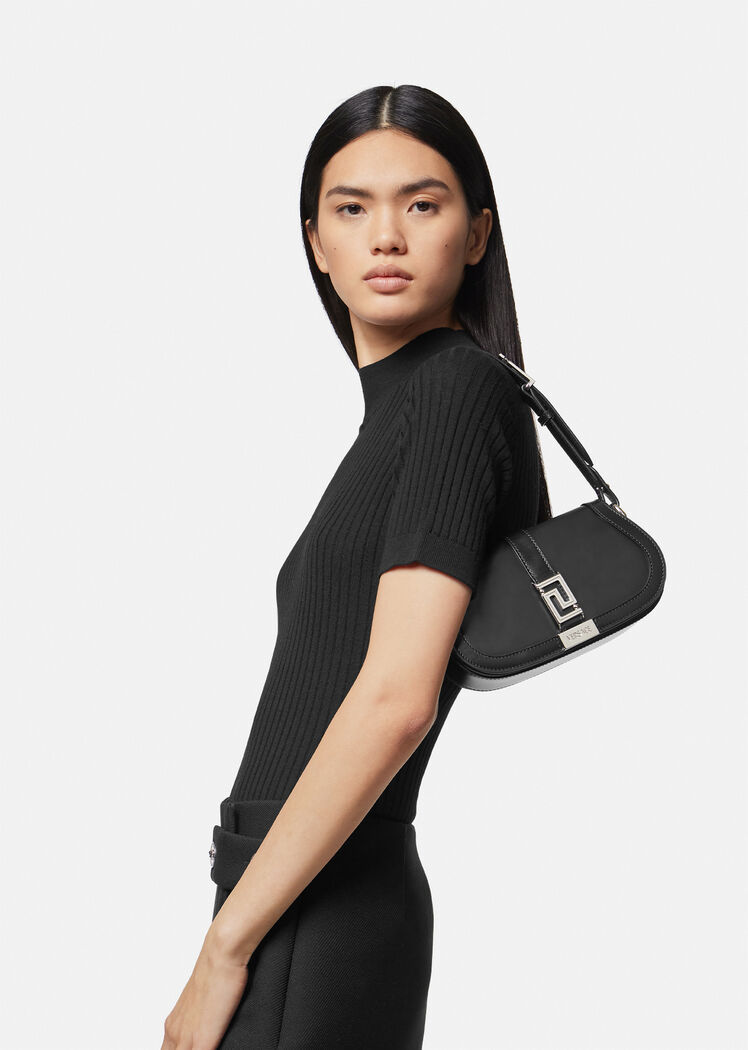 Versace Black Smooth Leather Greca Goddess Mini Shoulder Bag In Black