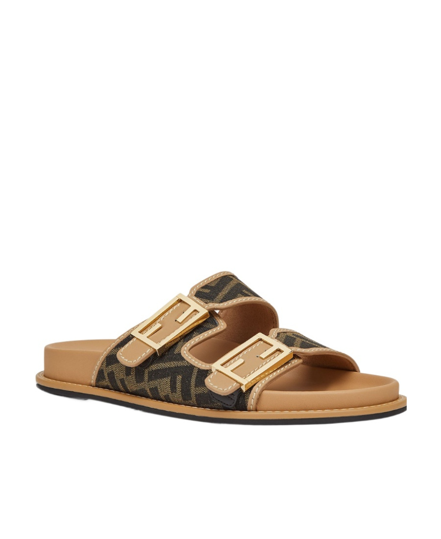 FENDI BROWN FF FABRIC SLIDES