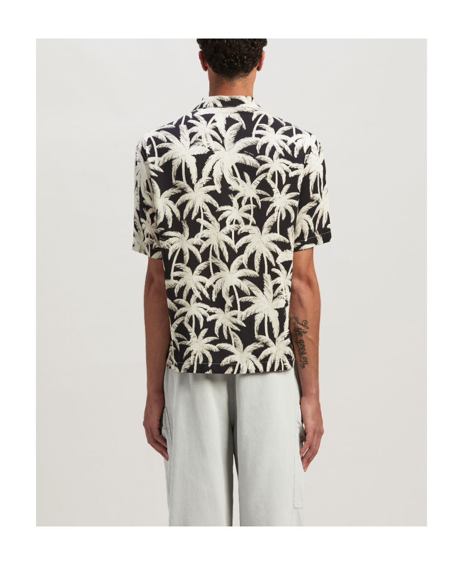 Palm Angels Black And White Short Sleeve Shirt With All-over Palm Print In Viscose In White