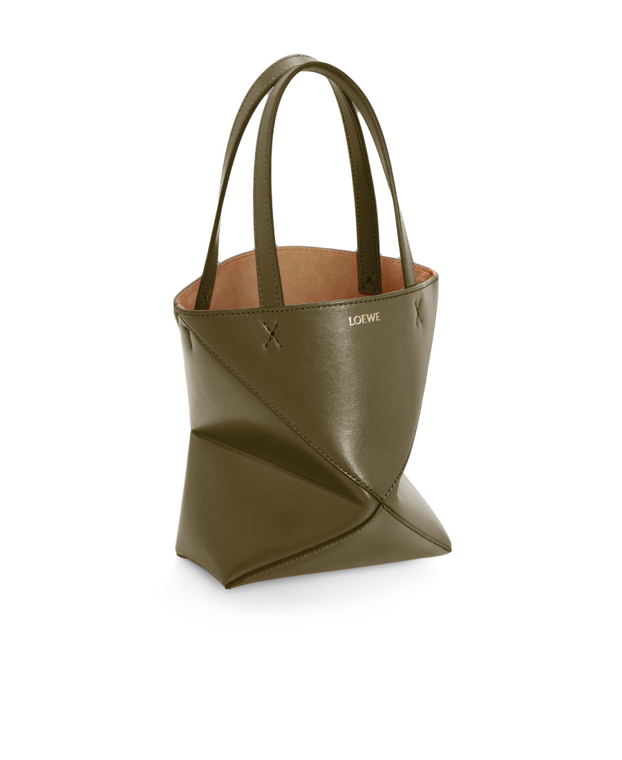 Loewe Mini Puzzle Fold Tote In Shiny Calfskin In Green