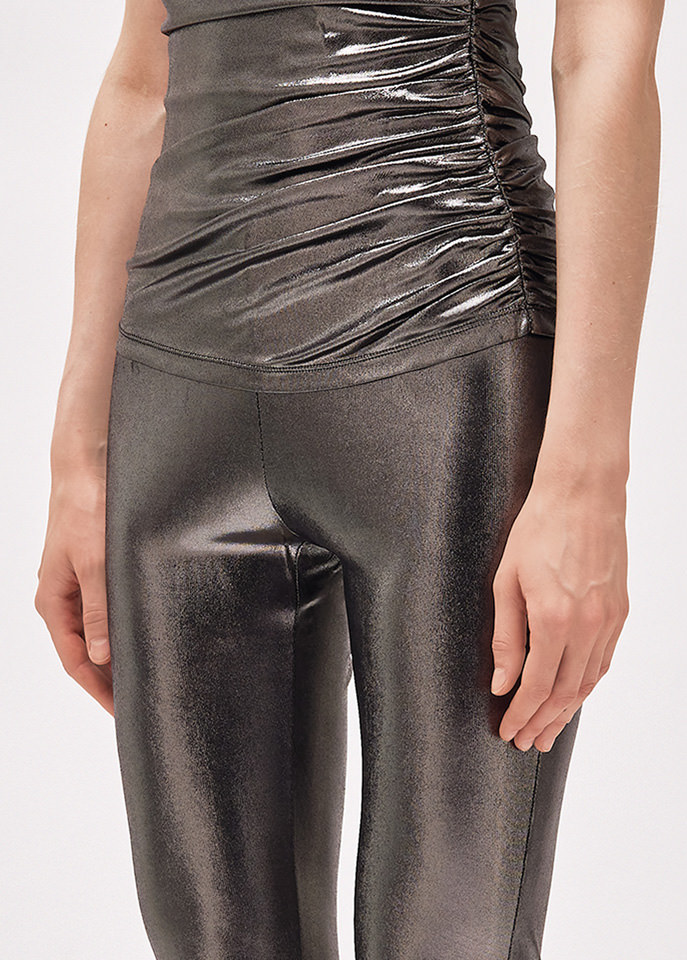 Blumarine Laminated-finish Puddle-hem Stretch Leggings In Gray