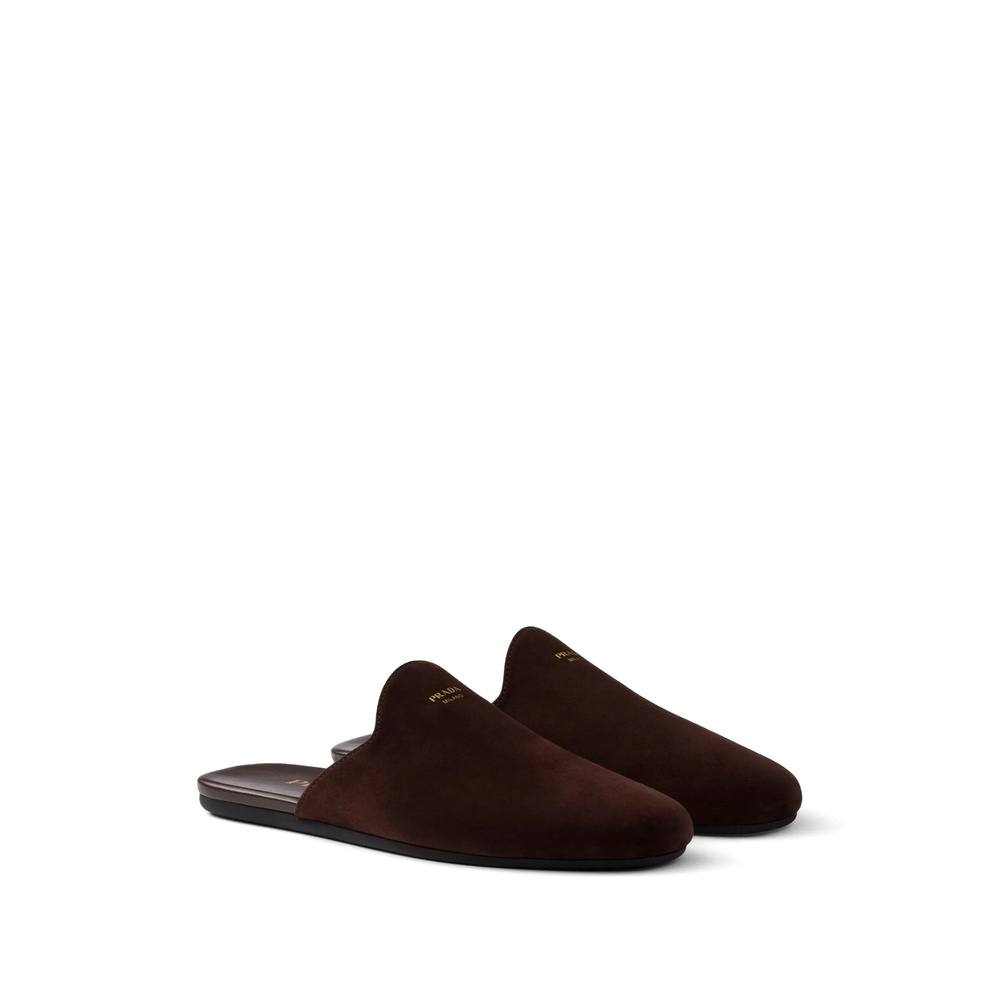 Prada Round Toe Flat Slippers In Brown