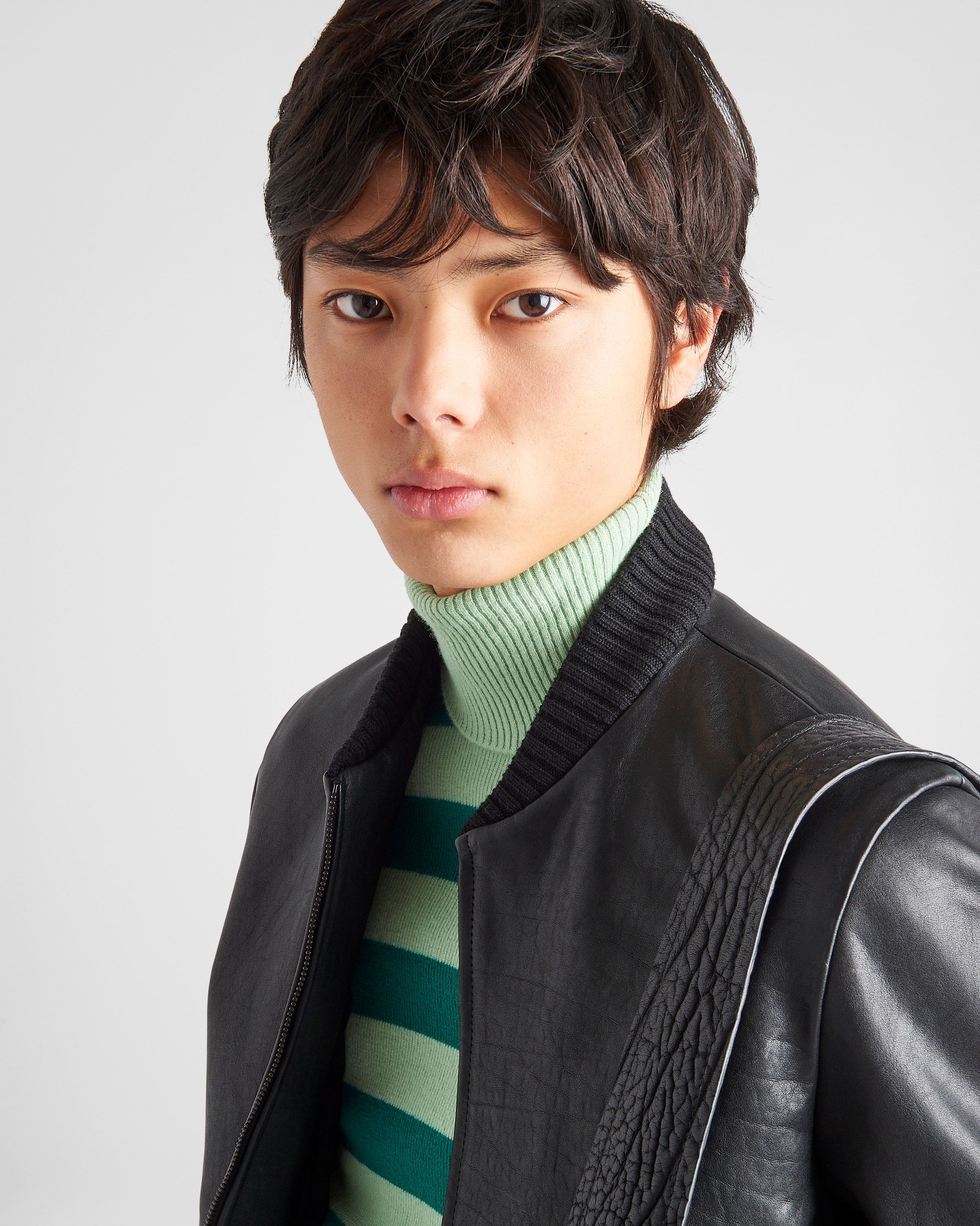 Prada Logo-patch Leather Bomber Jacket In Black