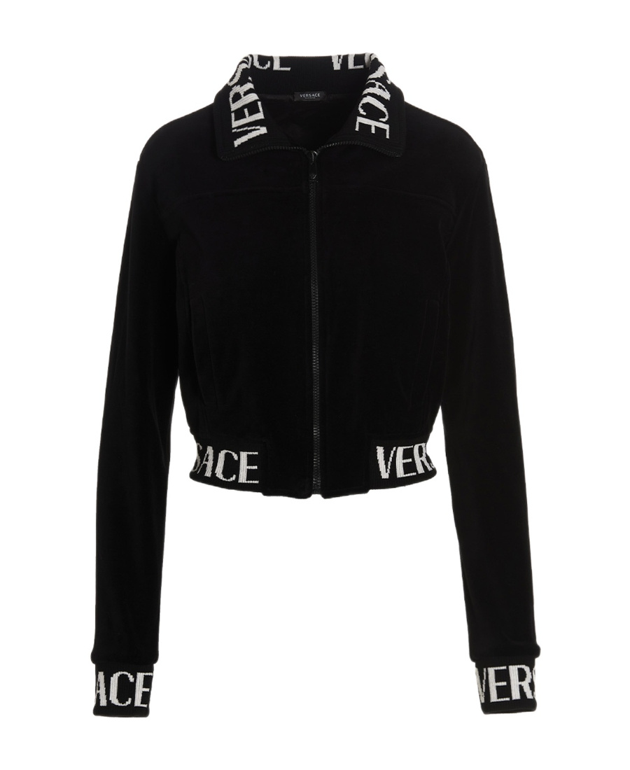 VERSACE VERSACE LOGO INTARSIA CROPPED VELVET SWEATSHIRT