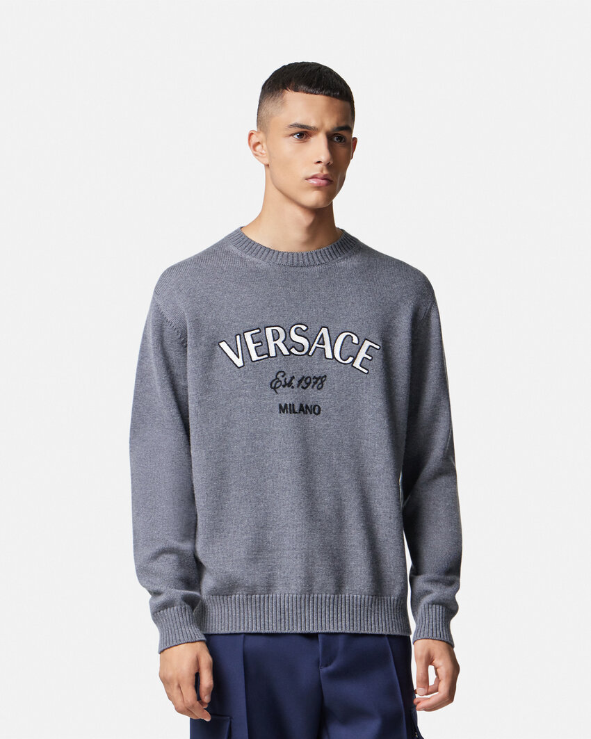 Versace Milano Stamp Embroidered Wool Jumper In Gray