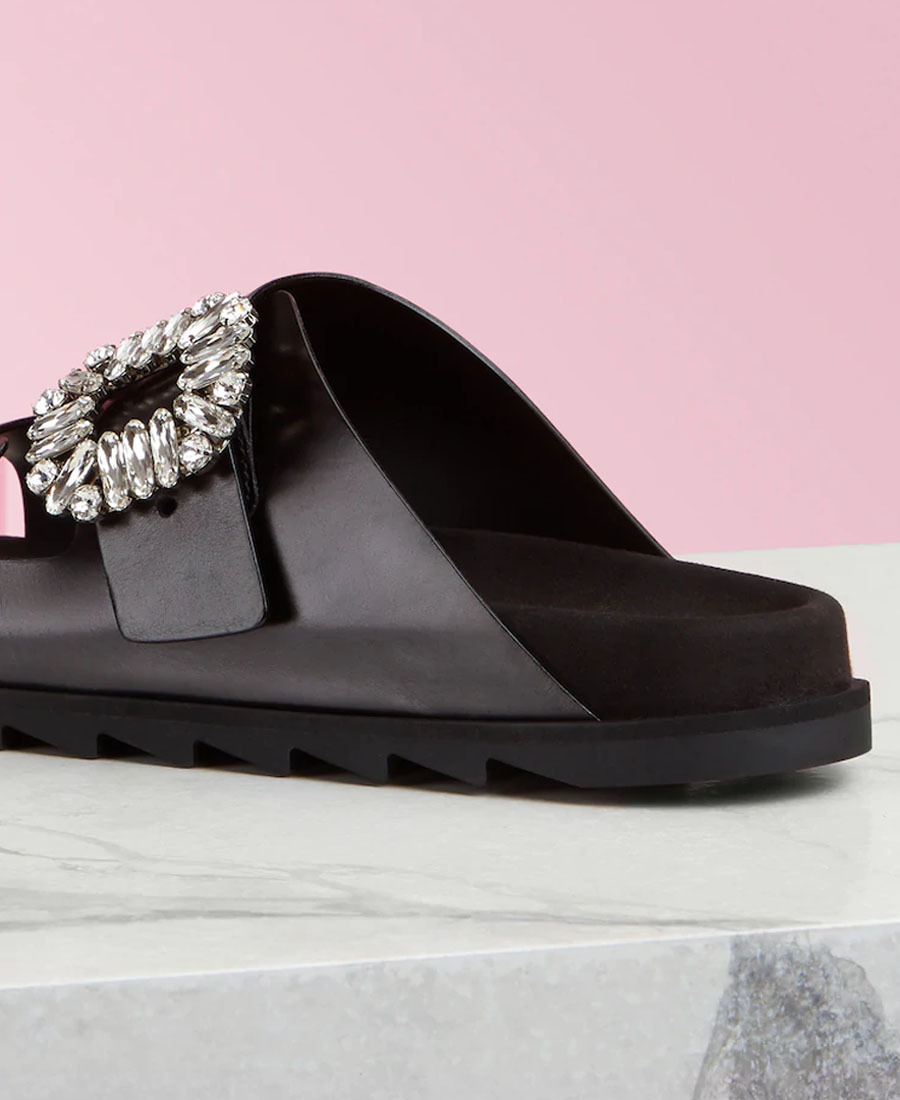 Roger Vivier Slidy Viv Crystal-embellished Leather Slides In Black
