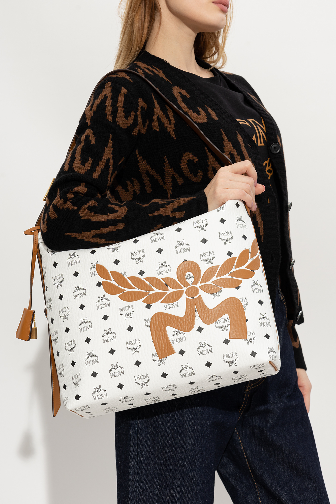 Mcm Logo Shoulder Bag In White