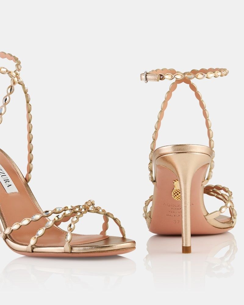 Aquazzura 85mm Love Struck Scalloped Strap Metallic Sandals In Brown