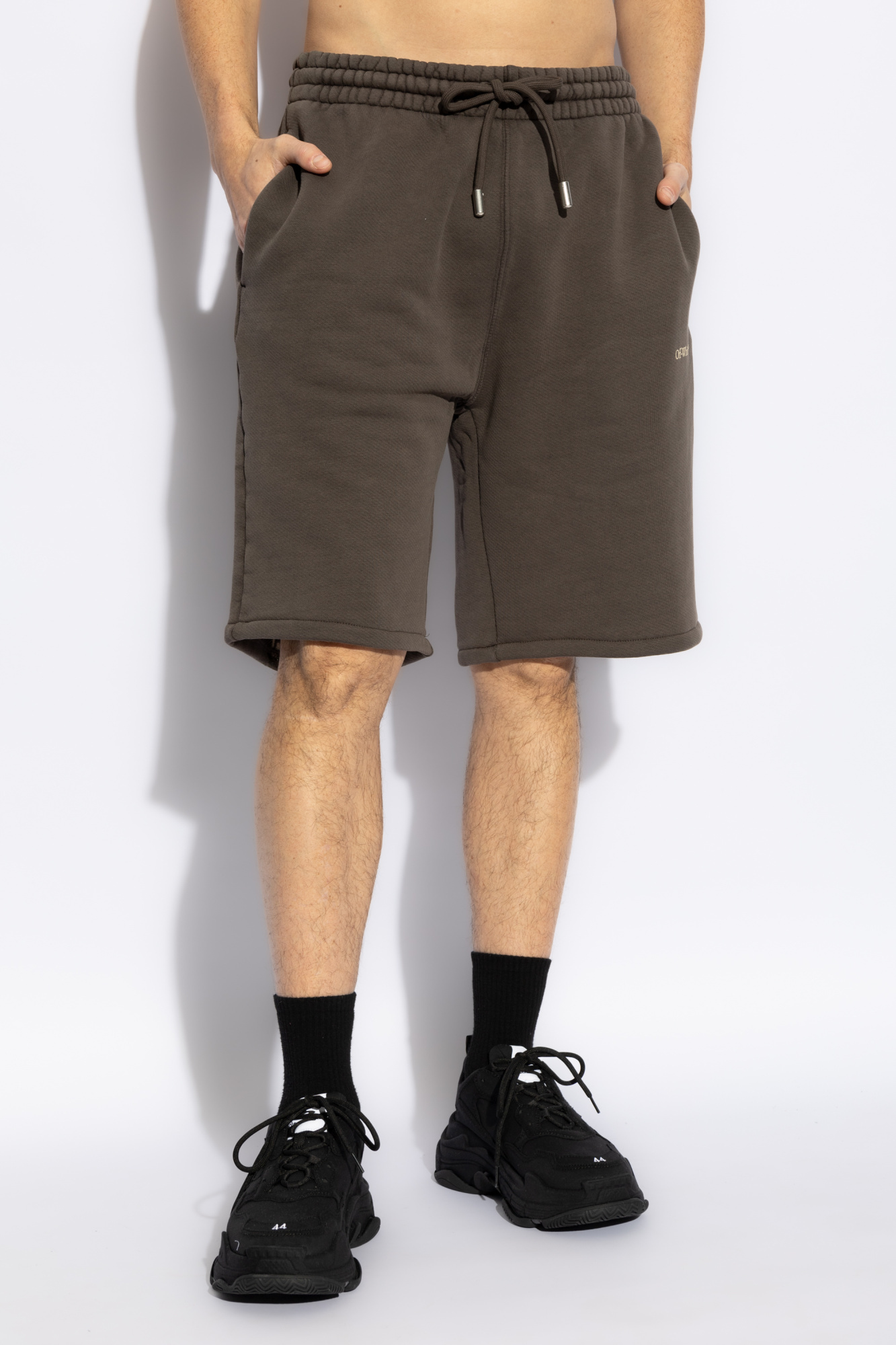 Off-white Arrow-print Cotton Track Shorts In Brown