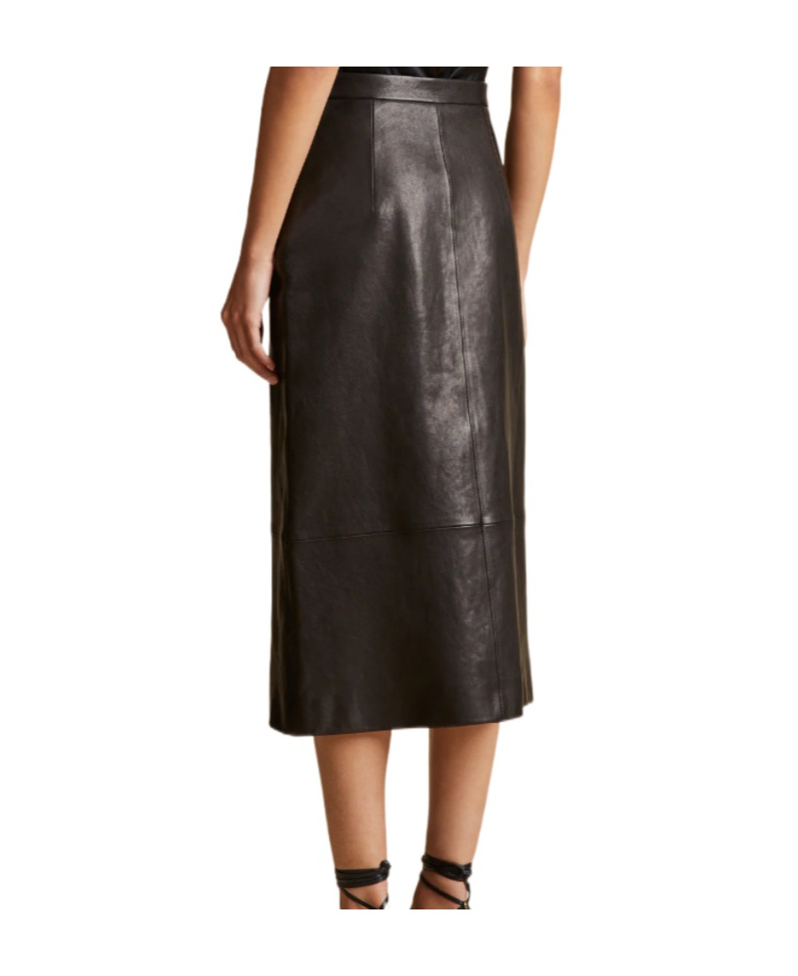 Shop Khaite Leather Midi Skirt In Black