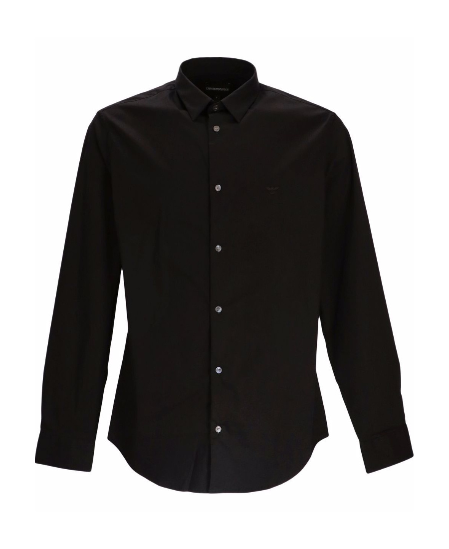 Emporio Armani Cotton Poplin Shirt With Buttoned Cuffs And Curved Hem In Black