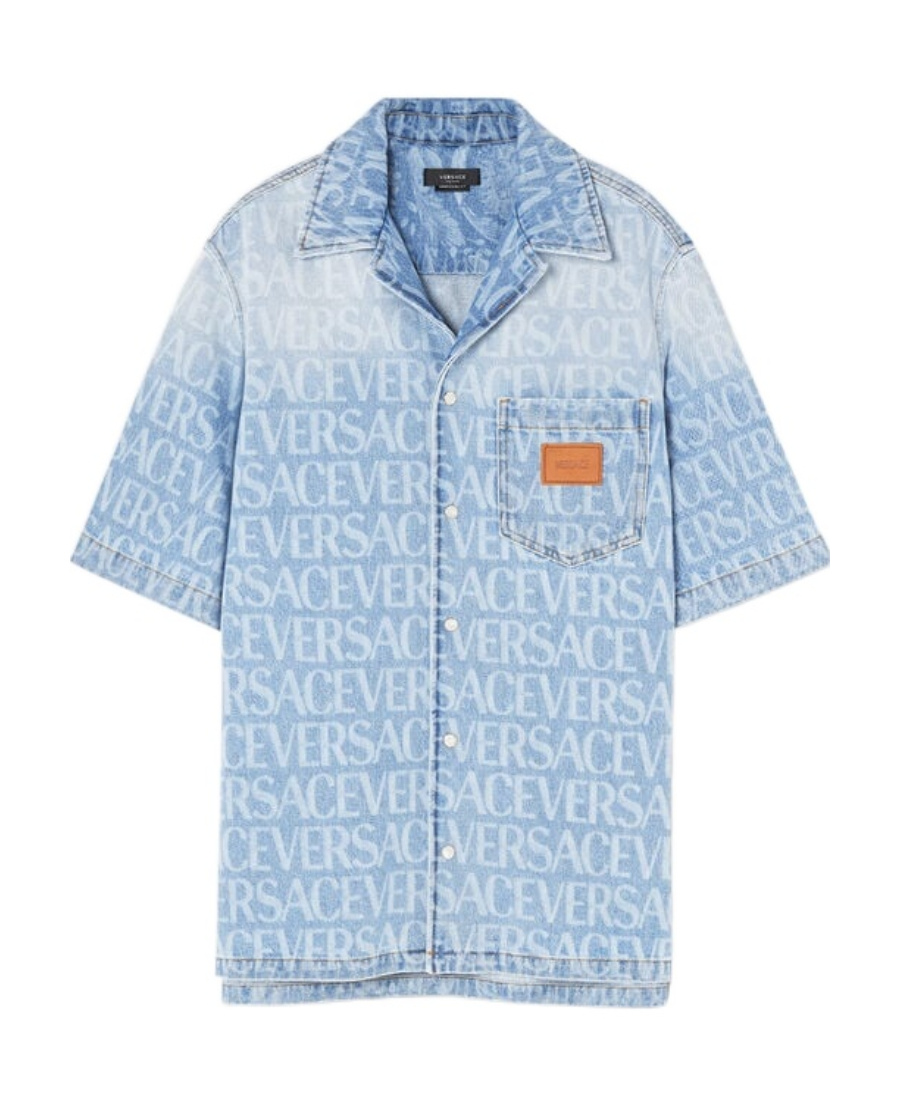 Versace All-over Logo Denim Shirt In Blue